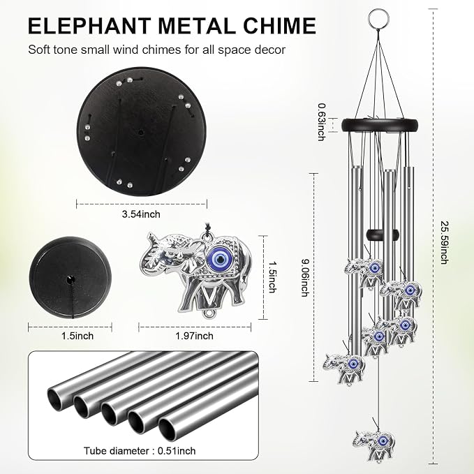 Virekm Memorial Wind Chimes, Angel Wind Chimes for Outside Clearance, Elephant Gifts for Women, Outdoor/Indoor Hanging Decorations for Patio, Porch, Garden Decor, and Backyard (Evil Eye Elephant)