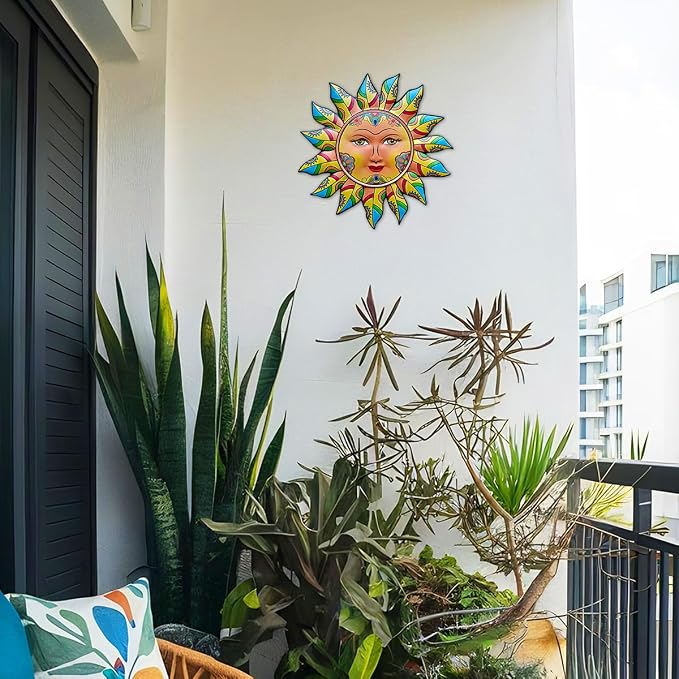 Daogtc Metal Sun Wall Decor - Sun Flower Wall Art Decoration,Hanging Decoration for Home Garden Farmhouse Yard Patio Fence Living Room Bedroom (SUN-G)