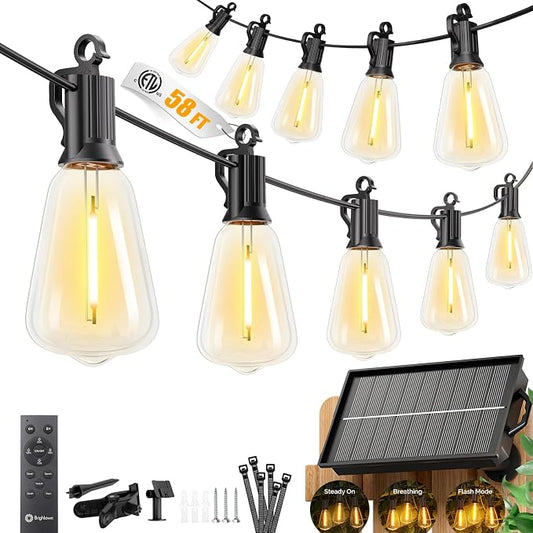 Brightown 58FT Solar String Lights Outdoor Waterproof, Patio Lights with Remote and 25+1 LED Shatterproof Bulbs, Dimmable & Timable, 3 Light Modes, Solar Lights Outdoor for Yard Camping Party Outside