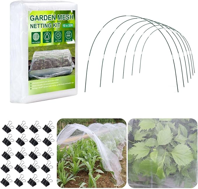 KLEWEE Garden Netting Kit for Raised Beds, 10 x 33 ft Ultra Fine Mesh Netting and 6 Sets Fiberglass Garden Hoops, Garden Bed Row Covers for Plants Vegetables from Animals Barrier Insects Bugs