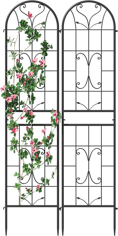 2-Pack 87" x 20" Ornate Scrollwork Arch Black Metal Garden Trellises | Set of 2 rust-resistant trellises with heart scrollwork, arched tops, stakes, and support for roses, vines, or vegetables