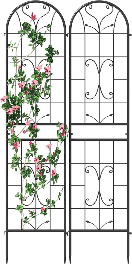 2-Pack 87" x 20" Ornate Scrollwork Arch Black Metal Garden Trellises | Set of 2 rust-resistant trellises with heart scrollwork, arched tops, stakes, and support for roses, vines, or vegetables