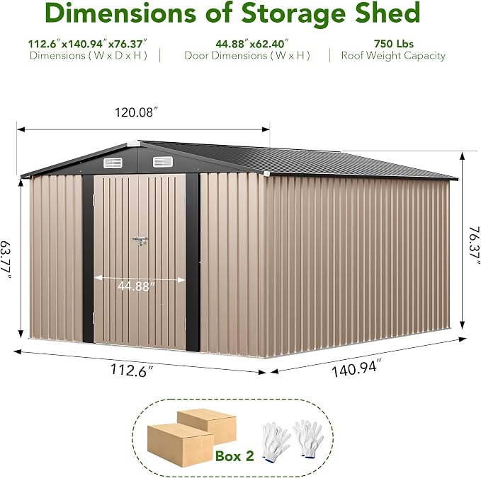 MXV 12 x 10FT Outdoor Storage Shed, Metal Garden Shed with Windows, Double Lockable Doors & Sloped Roof, Waterproof Tool Sheds for Backyard Garden Patio Lawn, Brown