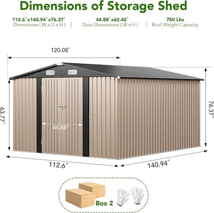 MXV 12 x 10FT Outdoor Storage Shed, Metal Garden Shed with Windows, Double Lockable Doors & Sloped Roof, Waterproof Tool Sheds for Backyard Garden Patio Lawn, Brown
