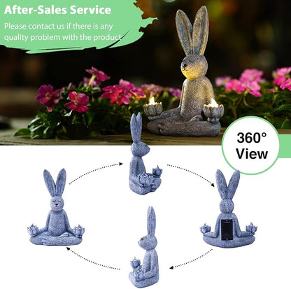 Goodeco Zen Rabbit Statue with Solar Lotus - Garden Yoga Bunny | sitting meditating rabbit serene resin figurine for patio, yard, lawn ornaments, home or outside