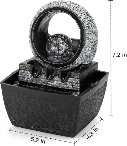 Tabletop Water Fountains, 3 Gears Desktop Fountain Indoor with Led Rolling Ball, Table Top Small Water Feature Interior Zen Relaxation Decor for Home Bedroom Living Room Office Apartment