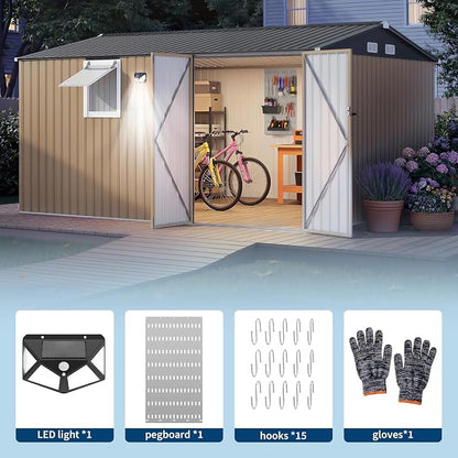 Garvee 10 x 12 FT Heavy-Duty Metal Outdoor Storage Shed with Motion Sensor Solar Light and Window,Pegboard Tool Organizer, Lockable Doors and 4 Air Vents, Garden Shed for Patio, Garage, Backyard