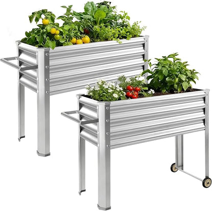 Land Guard 2 Pack Galvanized Raised Garden Bed with Legs & Wheels, 48×18×32in Metal Elevated Raised Planter Box for Backyard, Patio, Balcony, 500lb Capacity, Silver