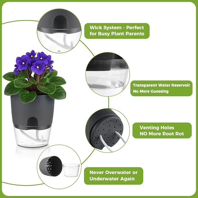 Planterhoma 6 Pack Self Watering Pots for Indoor Plants, 3.2/4/6 Inch Plant Pot Plastic Self Watering Planter for Orchid, African Violet, Small Clear Flower Pots with Drainage Holes and Wicking, Grey