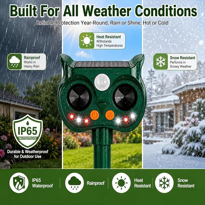 4Pack Solar Animal Repeller Outdoor, Sonic Fortress Pro Deer Repellent | Sensor & LED Flashing Lights, Solar Deer Rabbit Squirrel Raccoon Cat Repellent, IP65 Waterproof Garden Yard Protector