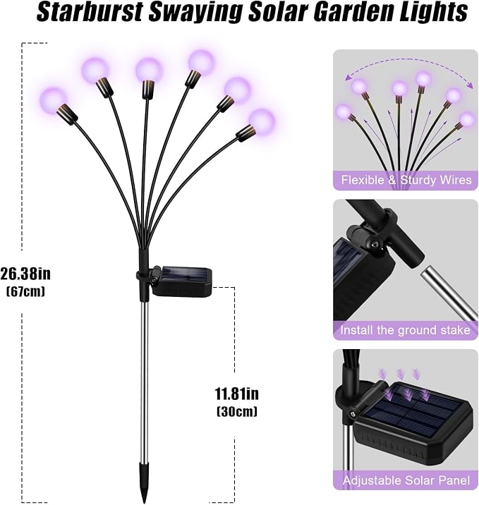 ZFNN Solar Garden Lights Outdoor, 4 Pack Firefly Swaying Lights Purple, Waterproof 6 Pack 36 Heads Garden Decor for Yard Patio Pathway Lawn, Gardening Gifts for Women Christmas Decoration