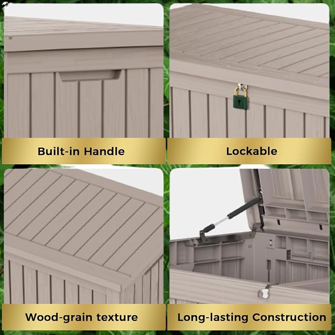 Outdoor Storage Box, 180 Gallon Waterproof Deck Box, Piston-Lift Tall Standing Cabinet for Oversized Cushions, Lockable Deep Tool Organizer Storage Bench, Large Lawn, Grey