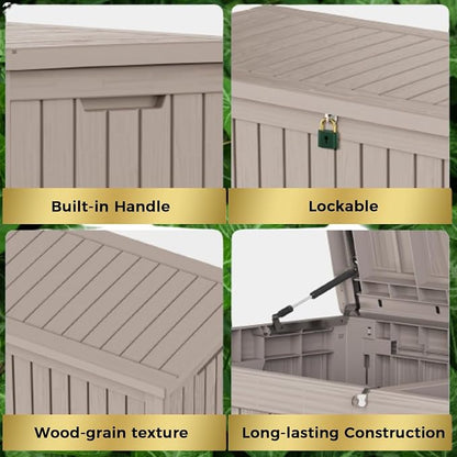 Outdoor Storage Box, 180 Gallon Waterproof Deck Box, Piston-Lift Tall Standing Cabinet for Oversized Cushions, Lockable Deep Tool Organizer Storage Bench, Large Lawn, Grey