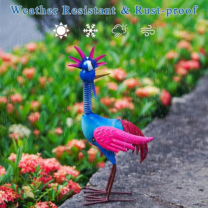 Metal Wacky Rooster Garden Statue for, Patio, Backyard, Lawn | 18'' Rooster Decor, Yard Statue Decorations Outdoor, Chicken Yard Art, Blue & Pink