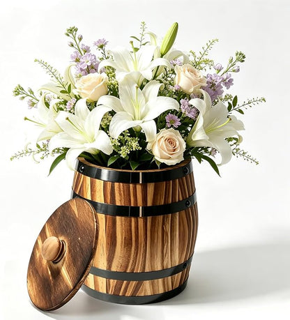 Sunmuliiiy1Pcs Wood Wine Barrel Vase 8" x 6.5" Rustic Wooden Flower Vase Rustic Barrel Barrel Planter for Wedding Reception Table Decoration Home Indoor Outdoor Garden, Kitchen, Party Table Decoration