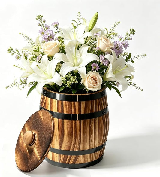Sunmuliiiy1Pcs Wood Wine Barrel Vase 8" x 6.5" Rustic Wooden Flower Vase Rustic Barrel Barrel Planter for Wedding Reception Table Decoration Home Indoor Outdoor Garden, Kitchen, Party Table Decoration