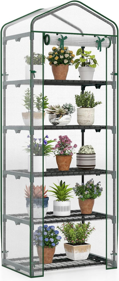 Giantex Mini Greenhouse Indoor Outdoor, 27" x 19" x 75" Portable Plant Grow House with 5 Tier Shelves, PE Cover, Roll-Up Zipper Door, Rustproof Elector-Coating Metal Frame for Patio Balcony Garden