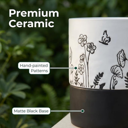 Nihow Self Watering Pots for Indoor Plants,4.5+6 Inch,White Hand Painting | Ceramic Planter, Drainage Hole & Water Storage Plus, Cylinder Round Flower Pot, For Succulent/Herbs/Violets
