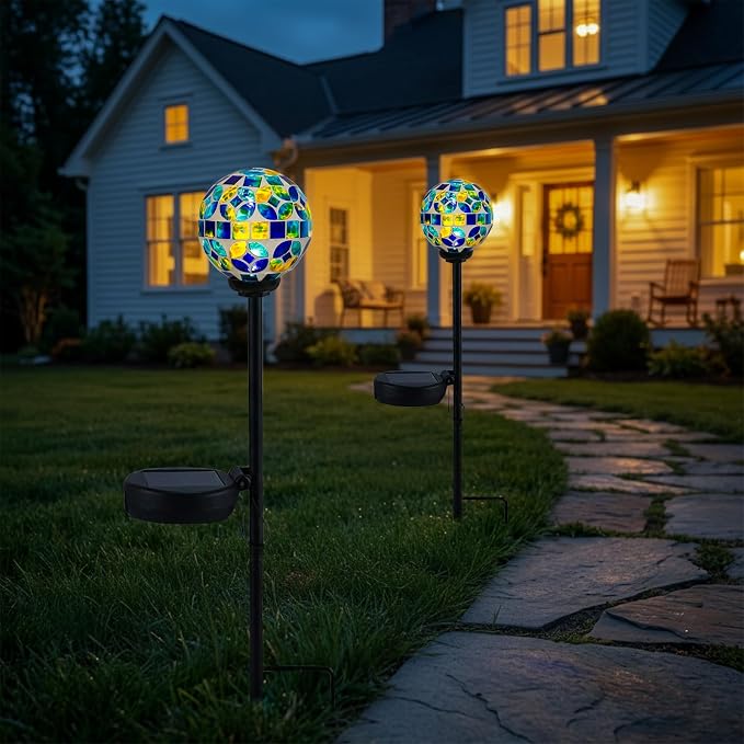 VCUTEKA Solar Lights Outdoor Decorative - Waterproof Mosaic Solar Garden Light, LED Pathway Stake for Landscape Lawn Patio Yard, Solar Globe Lights Outdoor, 1 Pack Green Blue