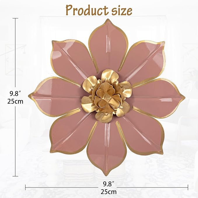 10" Metal Flowers Wall Decor, Pink & Gold 3D Floral Metal Wall Art Decor for Inoor & Outdoor Use, Vintage & Modern Walls Arts for Bathroom, Living Room, Bedroom, Office, Garden, Patio, Porch, 1 Piece