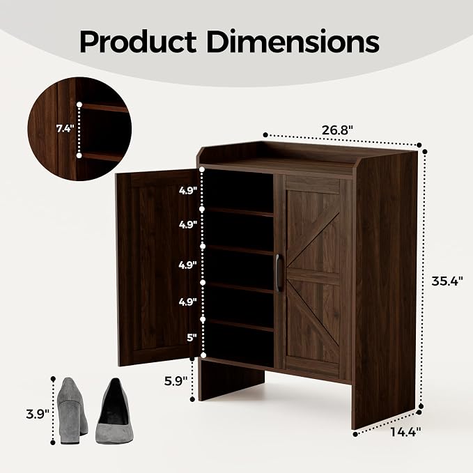Mericonia Farmhouse Shoe Cabinet with Doors, Modern Large 5-Tier Shoe Storage Cabinet with Adjustable Shelves, Wooden Shoe Organizer for Entryway, Hallway, Closet, Bedroom, Living Room (Walnut)