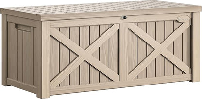 YITAHOME 150 Gallon Large Deck Box with X-Shaped Front | Resin Outdoor Storage Boxes, Waterproof Cushion Storage Bench for Patio, Pool Supplies, Garden Tools - Lockable, Taupe