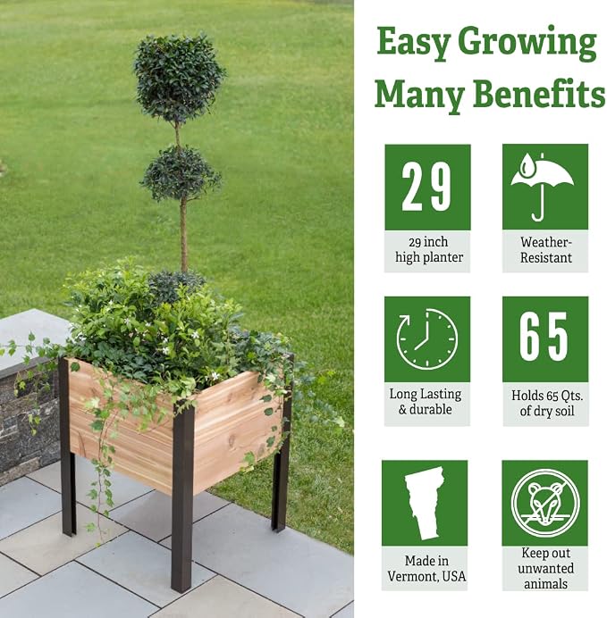 Gardener's Supply Company Raised Garden Bed Elevated Cedar Planter Box | 2' x 2' Heavy Duty Standing Garden Planters for Outdoor Plant Vegetables & Flower Gardening Perfect for Patio, Lawn & Backyard