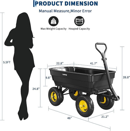 GarveeLife Poly Garden Dump Cart, 1200 lb Wheelbarrow Yard Cart with 13 in Wheels, Quick-Dump & Towable Utility Wagon for Yard, Soil, Rocks（Black）