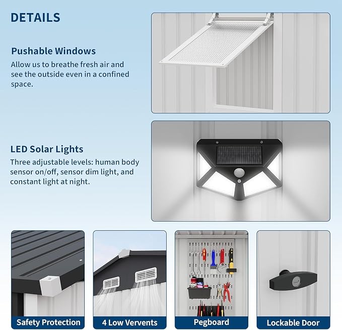 Garvee 10x8 FT Heavy-Duty Metal Outdoor Storage Shed with Solar Light | Motion Sensor Light, Window, Pegboard Tool Organizer, Lockable Doors, 4 Air Vents for Garden Patio Backyard Garage