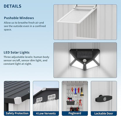 Garvee 10x8 FT Heavy-Duty Metal Outdoor Storage Shed with Solar Light | Motion Sensor Light, Window, Pegboard Tool Organizer, Lockable Doors, 4 Air Vents for Garden Patio Backyard Garage
