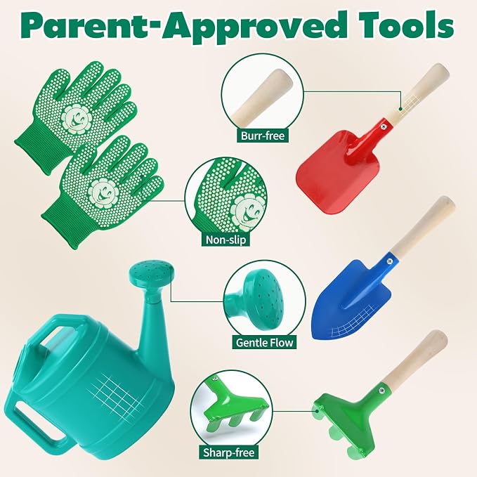 CUTE STONE Kids Gardening Tools Set - 9PCS Toddler Garden Toy with Kids Wheelbarrow, Kids Shovel and Rake Set for Backyard Garden Play, Indoor & Outdoor Gift for Boys Girls Ages 3-5
