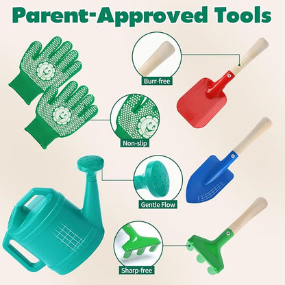 CUTE STONE Kids Gardening Tools Set - 9PCS Toddler Garden Toy with Kids Wheelbarrow, Kids Shovel and Rake Set for Backyard Garden Play, Indoor & Outdoor Gift for Boys Girls Ages 3-5