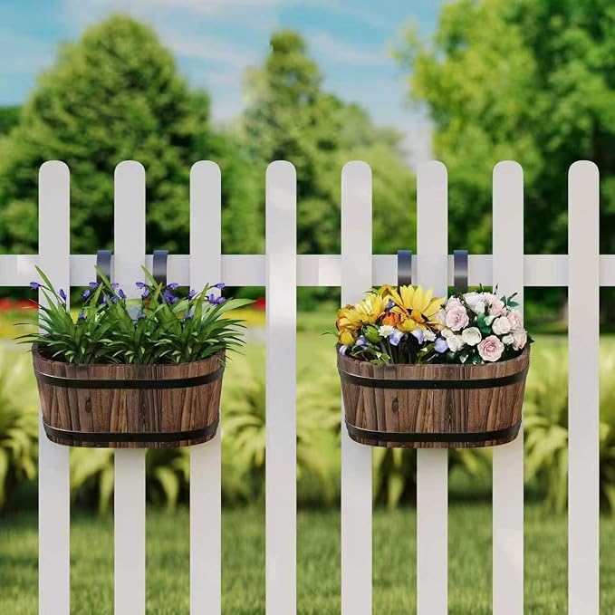2-Pack Wooden Railing Planters, Hanging Flower Pots with Detachable Hooks for Balcony, Fence, Deck, Garden & Country Home Decor, Carbonized