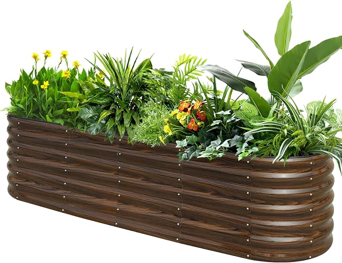 SnugNiture 8x2 ft Oval Raised Garden Bed - 22" Tall Galvanized Steel Planter Box for Vegetables, Herbs, Flowers | Easy Assembly with Support Rods, Brown