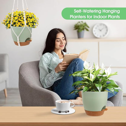 Hanging Planters for Indoor Outdoor Plants, 2 Pack Self Watering Hanging Pot with Drainage Holes, Removable Tray & 2 Kinds of Plant Hangers, 8'' Hanging Flower Pots for Home Garden Decor, Green