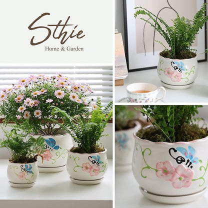 Flower Pots, Ceramic Plant Pots Set of 3, Small Succulent Pot with Drainage | 4/5.2/6.6 Inches, Cactus Planter with Saucer, Indoor Garden Pots