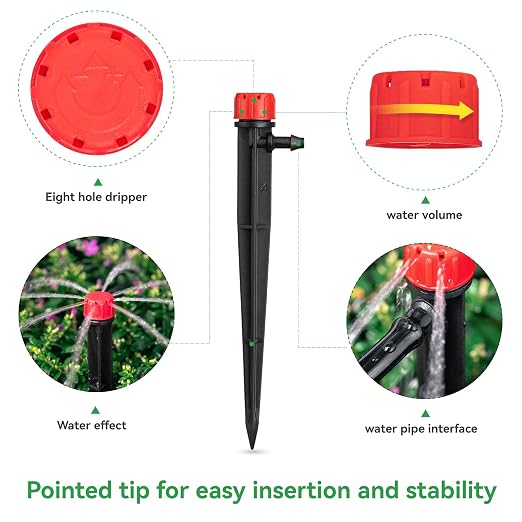 50pcs Adjustable Drip Irrigation Emitters: Garden Drippers for 1/4" Tubing | 360 Degree Water Flow, 5-Inch Arrow Stake, for Garden/Lawn/Planter Beds, Compatible with 4-7mm Tubing, Diy Watering System