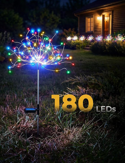 Multicolor Solar Lights Outdoor, 2 Pack 180LED Solar Garden Lights for outside, 8 Modes Firework Fairy light for Yard Pathway 4th of July Carnival Juneteenth Christmas Decor, Red/Yellow/Blue/Green