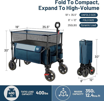 Timber Ridge 350L Extra Large Collapsible Folding Wagon Carts with Brake, Heavy Duty Outdoor Camping Utility Wagons with Extended Height, Adjustable Handle, Cup Holders, Side Bag(Blue)