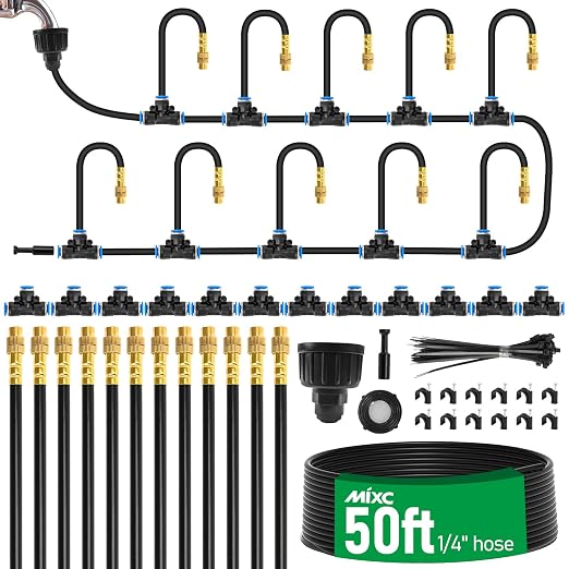 MIXC 50Ft 1/4" Drip Irrigation System,2026-Upgrade Garden Irrigation Kit with 12pcs Adjustable Copper Nozzles,Automatic Atomizing Watering System for Outdoor Plants,Raised Bed,Yard,Potted Plant,Lawn