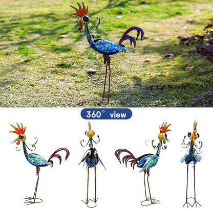 31.5'' Wacky Rooster Garden Statue for Outside, Patio, Backyard, Lawn | Metal Rooster Decor Yard Statue Decorations, Waterproof Chicken Yard Art, Royal Blue