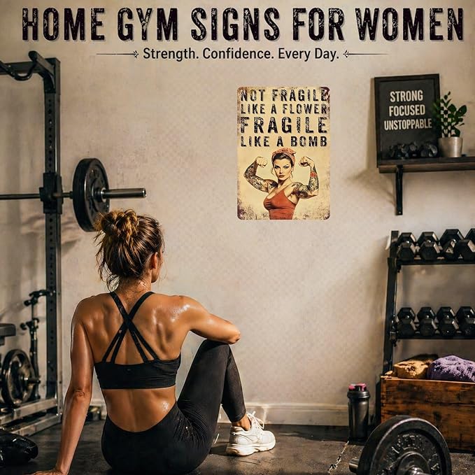 PEACHGARDEN Home Gym Decor for Women, Not Fragile Like a Flower Fragile Like a Bomb Aluminum Metal Sign, Vintage Fitness Girl Wall Decor, Motivational Workout Room Poster for Garage Gym, 8x12 Inch