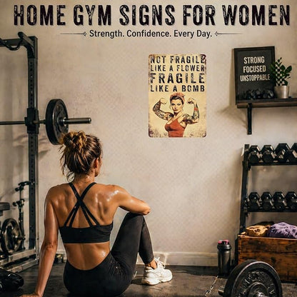 PEACHGARDEN Home Gym Decor for Women, Not Fragile Like a Flower Fragile Like a Bomb Aluminum Metal Sign, Vintage Fitness Girl Wall Decor, Motivational Workout Room Poster for Garage Gym, 8x12 Inch