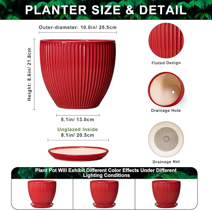 10 Inch Plant Pot, Ceramic Planters for Indoor Plants, Decorative Plant Pots with Drainage Hole and Saucer, Modern Round Large Planter, Office Apartment Decor, House Warming Gifts, Red