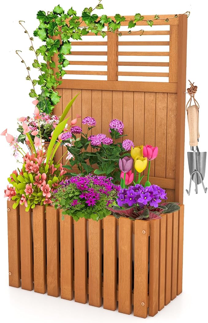 HAPPYGRILL Raised Garden Bed, Wooden Planter w/Trellis & Privacy Screen for Hanging Pot Plants, Outdoor Elevated Planter Box w/Slatted Bottom & 2 Side Hooks for Balcony Patio Garden (1)