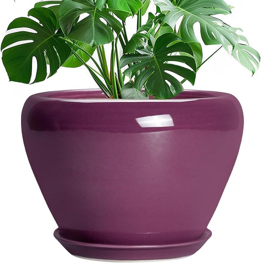 Ceramicfor 10 Inch Plant Pot - Ceramic Planter with Drainage Hole and Saucer, Round Modern Flower Pot for Indoor Outdoor Plants, Housewarming Gift, Home Garden Decor, Purple