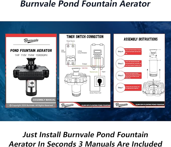 Pond Fountain Aerator, 1HP 110V 750W 15000 GPH Stainless Steel Floating Aerating Fountain Pump with 100 FT Power Cord, Timer, 2 x 100 FT Traction Rope, Powerful Lake Pond Aerator for Larger Ponds