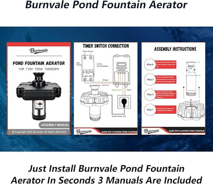 Pond Fountain Aerator, 1HP 110V 750W 15000 GPH Stainless Steel Floating Aerating Fountain Pump with 100 FT Power Cord, Timer, 2 x 100 FT Traction Rope, Powerful Lake Pond Aerator for Larger Ponds