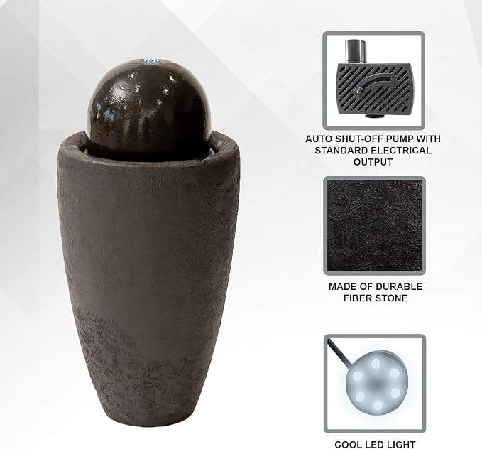 XBrand 25.98" H Brown Round Stone Indoor/Outdoor Modern Sphere Water Fountain with LED Lights – Ball Bubbling Fountain Décor for Garden, Patio, or Tabletop