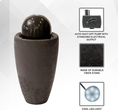 XBrand 25.98" H Brown Round Stone Indoor/Outdoor Modern Sphere Water Fountain with LED Lights – Ball Bubbling Fountain Décor for Garden, Patio, or Tabletop